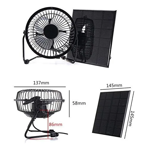 shlutesoy 4 Inch Cooling Ventilation Fan USB Solar Powered Panel for Home Outdoor Fishing Black