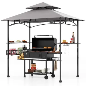 Tangkula 8x5 Ft Grill Gazebo, 2-Tier Barbecue Gazebo with 2 Shelves, 20 Hanging Hooks, Bottle Opener & Storage Basket