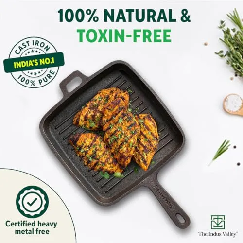 The Indus Valley Pre-Seasoned Cast Iron Grill Pan with Long Handle | Medium, 25 cm/9.8 inch, 1.5Ltr, 3.4kg | Induction Friendly | 100% Pure & Toxin-Free, No Chemical Coating, Black