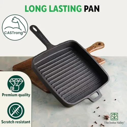 The Indus Valley Pre-Seasoned Cast Iron Grill Pan with Long Handle | Medium, 25 cm/9.8 inch, 1.5Ltr, 3.4kg | Induction Friendly | 100% Pure & Toxin-Free, No Chemical Coating, Black