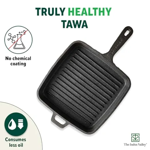 The Indus Valley Pre-Seasoned Cast Iron Grill Pan with Long Handle | Medium, 25 cm/9.8 inch, 1.5Ltr, 3.4kg | Induction Friendly | 100% Pure & Toxin-Free, No Chemical Coating, Black