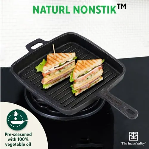 The Indus Valley Pre-Seasoned Cast Iron Grill Pan with Long Handle | Medium, 25 cm/9.8 inch, 1.5Ltr, 3.4kg | Induction Friendly | 100% Pure & Toxin-Free, No Chemical Coating, Black