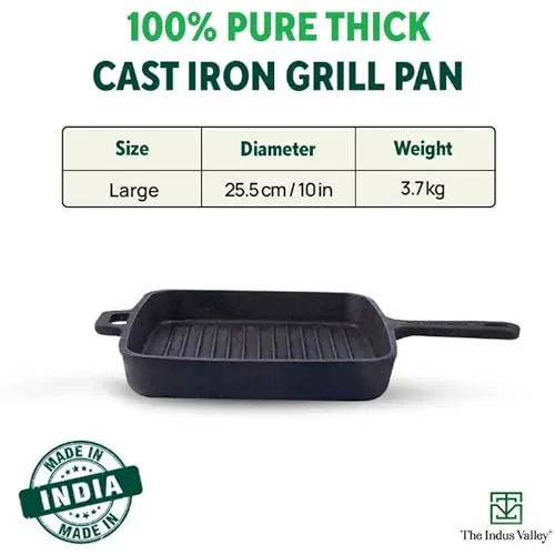 The Indus Valley Pre-Seasoned Cast Iron Grill Pan with Long Handle | Medium, 25 cm/9.8 inch, 1.5Ltr, 3.4kg | Induction Friendly | 100% Pure & Toxin-Free, No Chemical Coating, Black