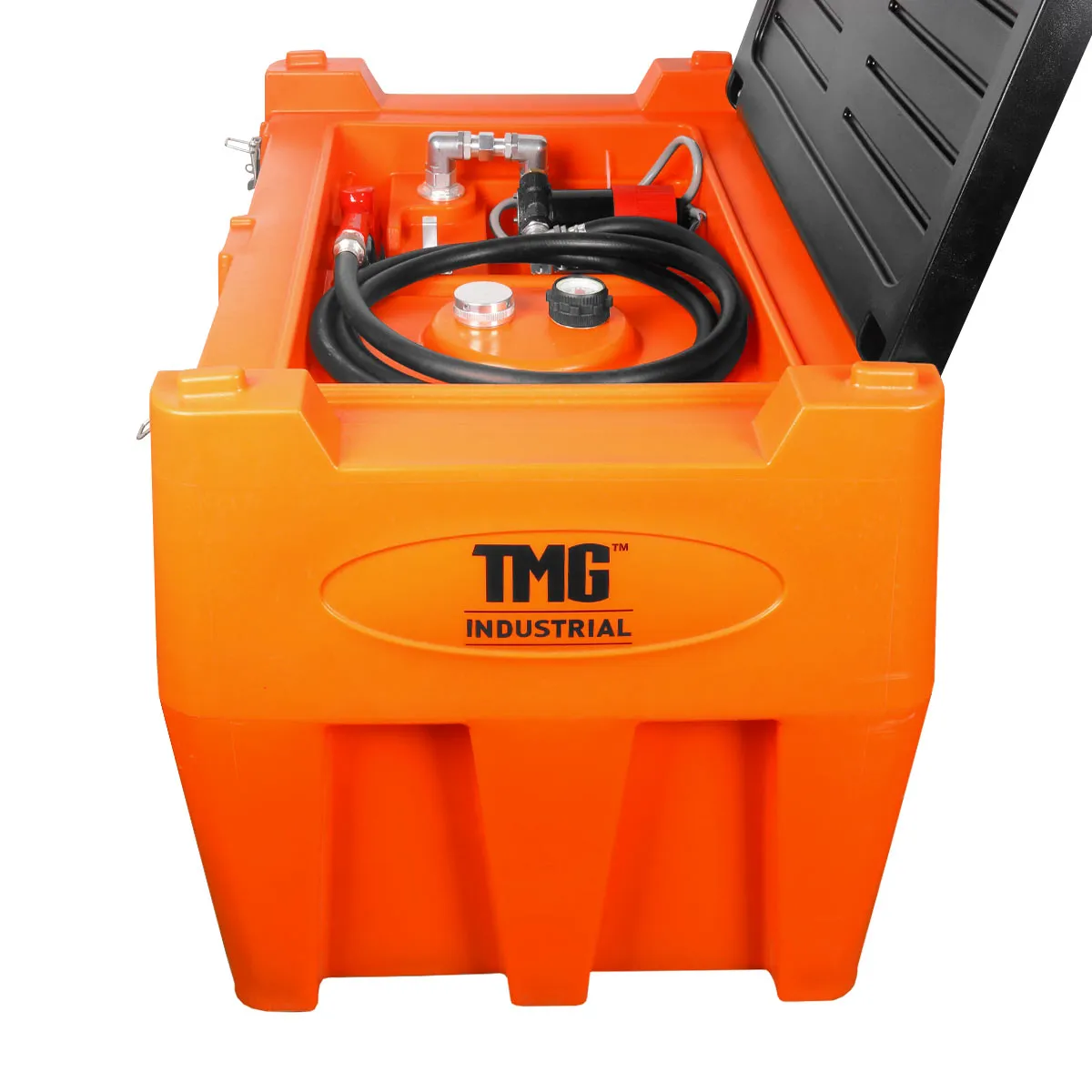 TMG Industrial 116 Gallon Diesel Poly Fuel Tank, Ratchet Strap Recesses, 15 GPM Fuel Pump, Lockable Lid, Reinforced Single Wall Design, TMG-DFT116