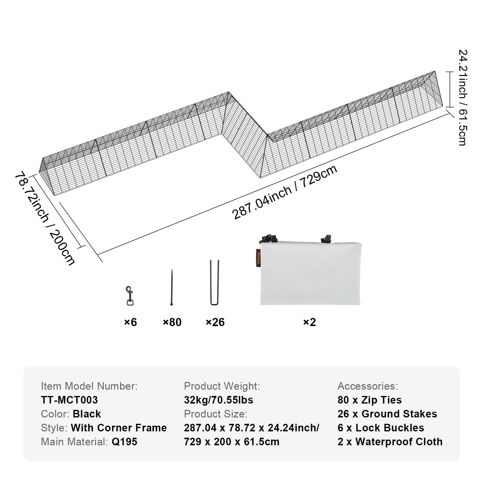 Vevor Chicken Tunnels 287" x 78.7" x 24.2" Portable with Corner Frames for Yard 2 Sets New