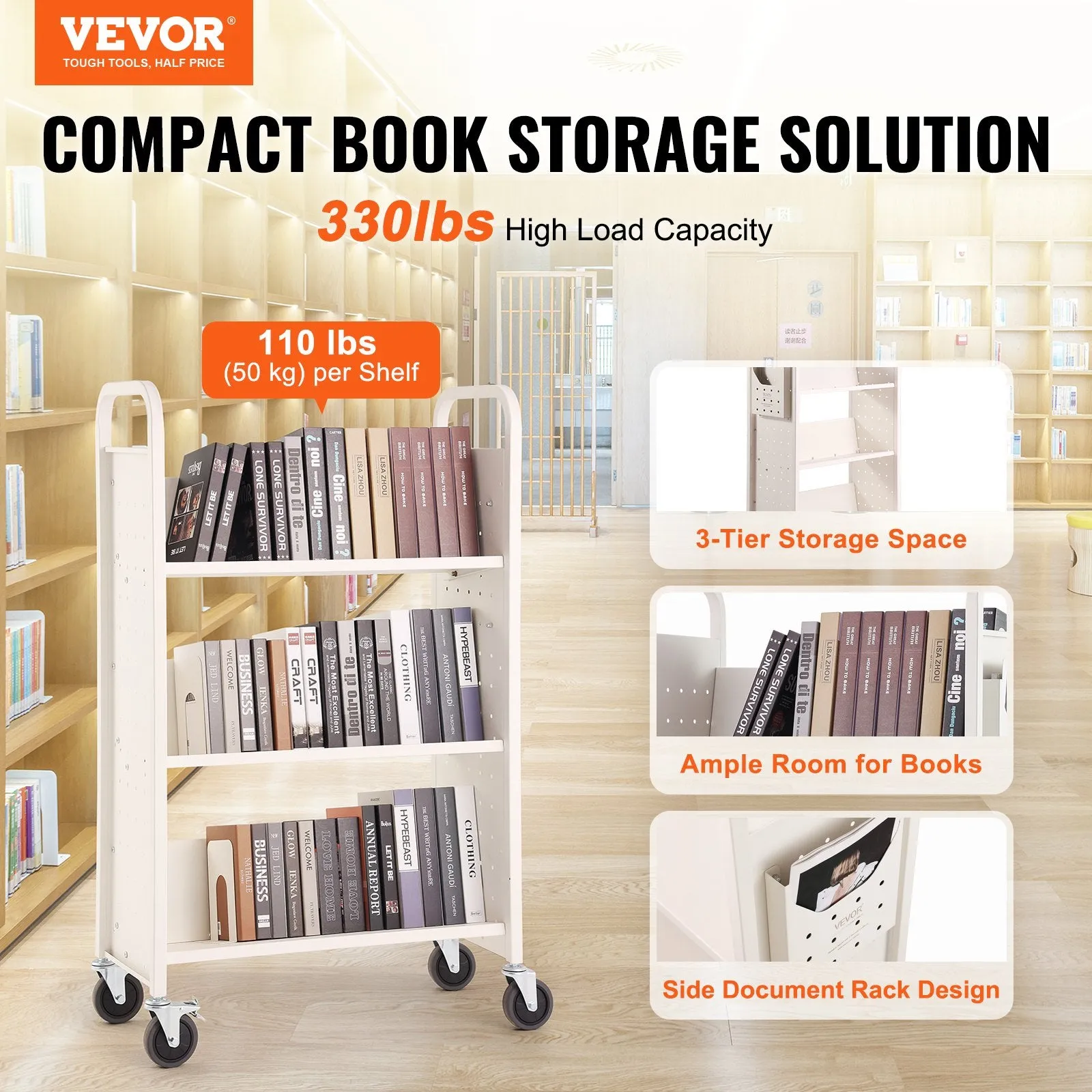 Vevor Rolling Library Book Cart 31.1" x 15.2" x 49.2" Single Sided 3-Tier Storage New