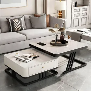 Welltrade Shoppee Modern Square Marble Finish Set of Coffee Table 2 Piece, Stacking Tea Table or Center Table with Drawer and Metal Frame Perfect for Living Room (White & Black)