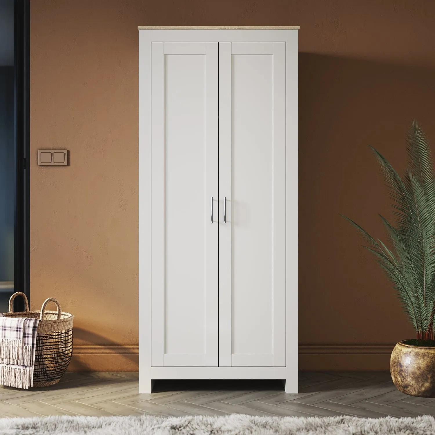 White Solid Wood Wardrobe with 2 Doors 180cm Clothes Closet for Hanging Clothes