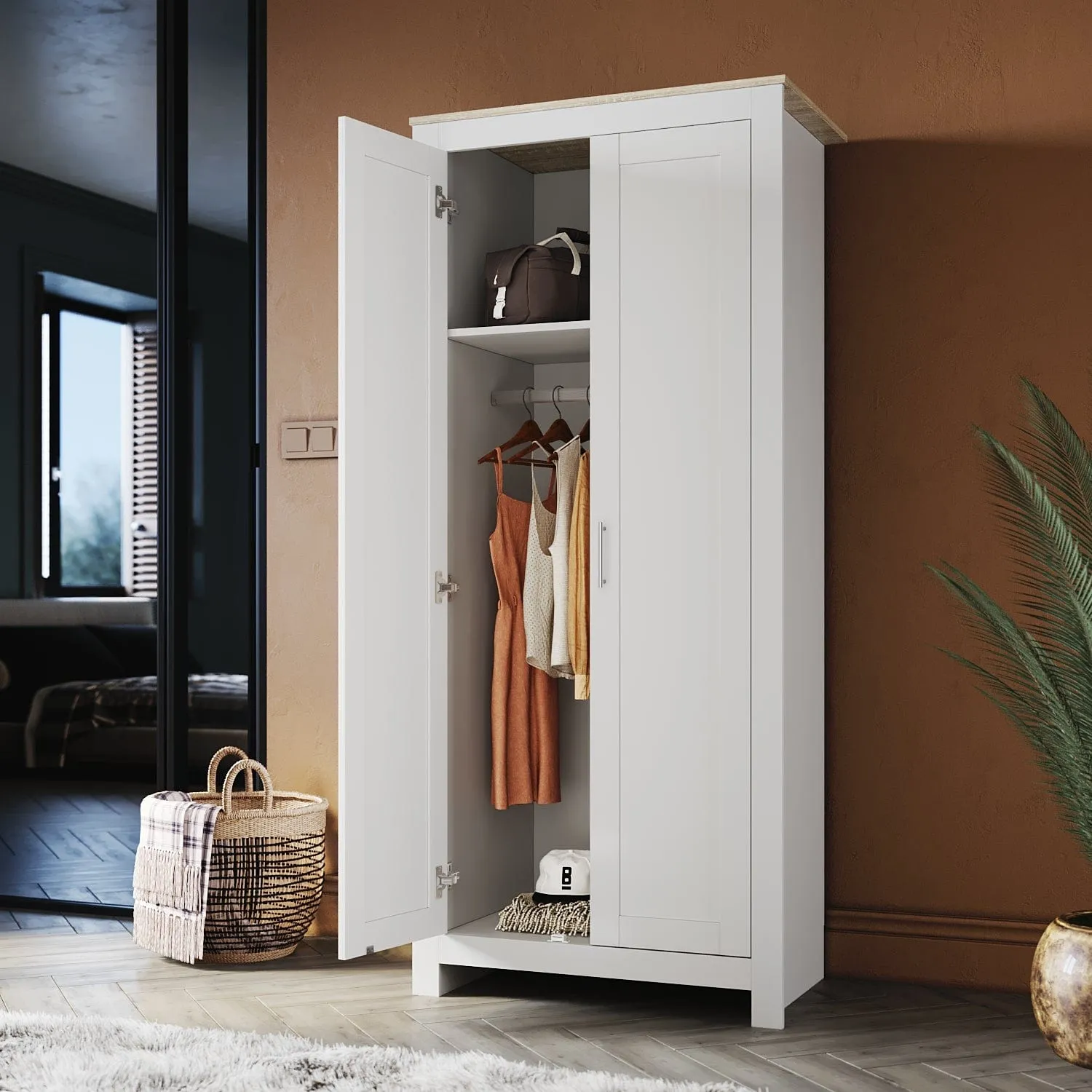 White Solid Wood Wardrobe with 2 Doors 180cm Clothes Closet for Hanging Clothes