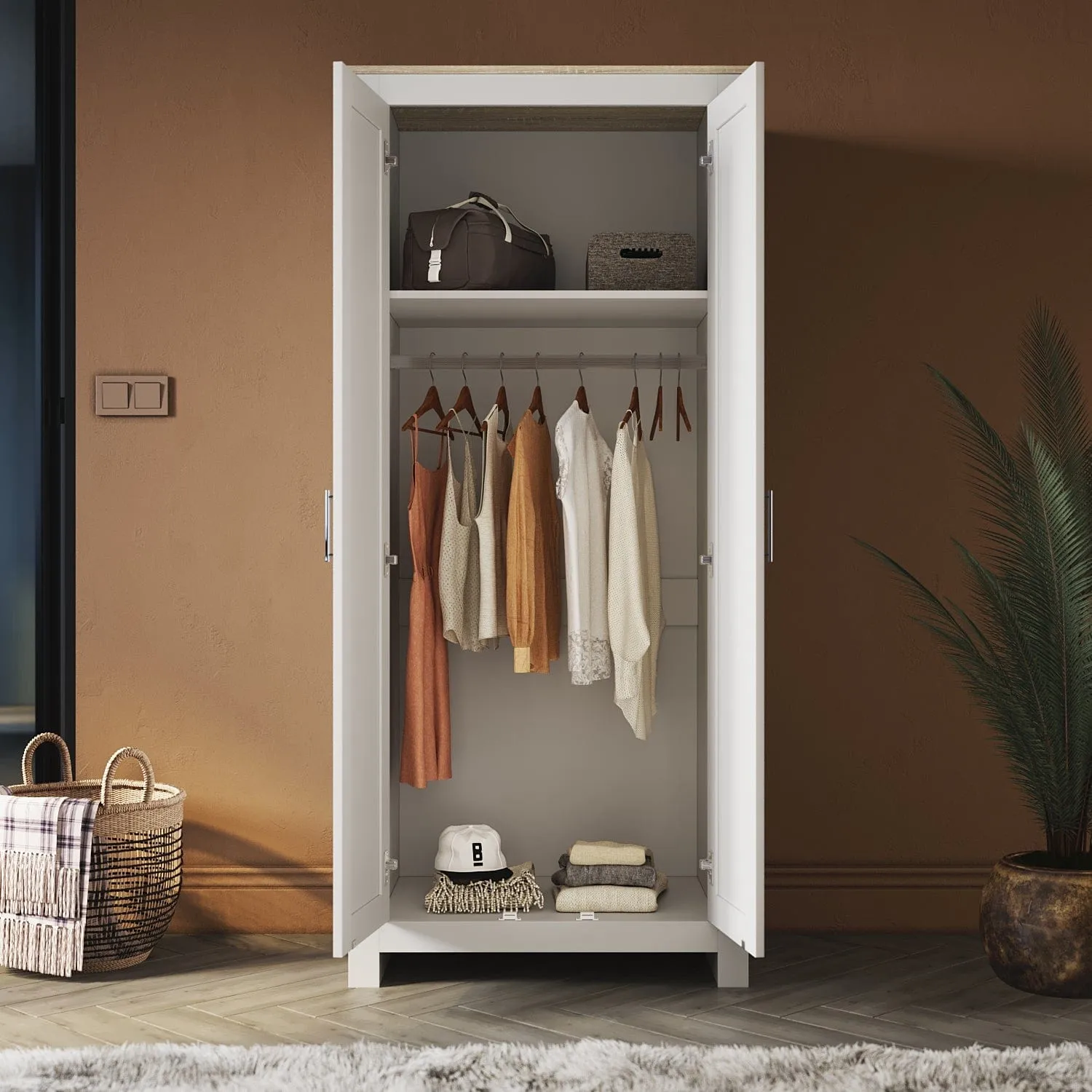 White Solid Wood Wardrobe with 2 Doors 180cm Clothes Closet for Hanging Clothes