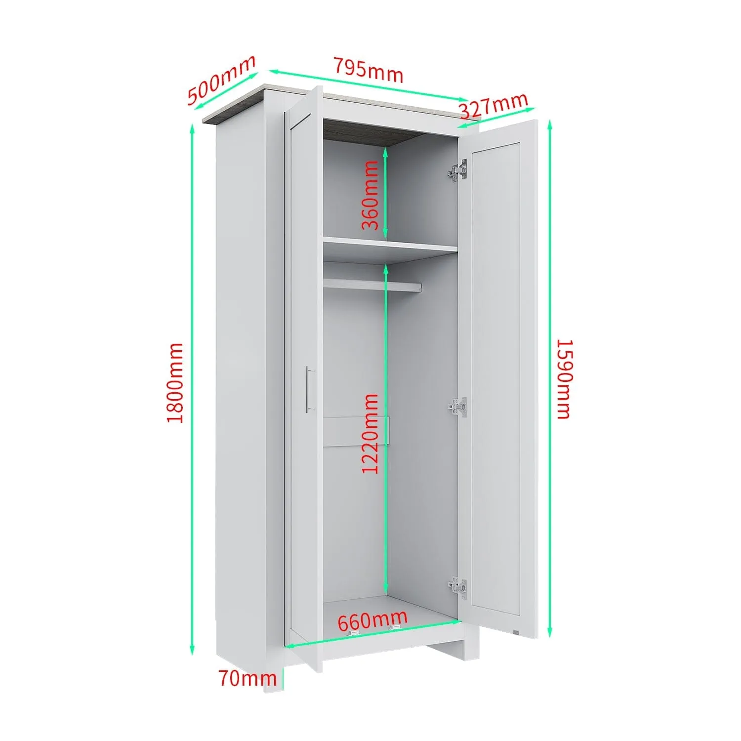 White Solid Wood Wardrobe with 2 Doors 180cm Clothes Closet for Hanging Clothes