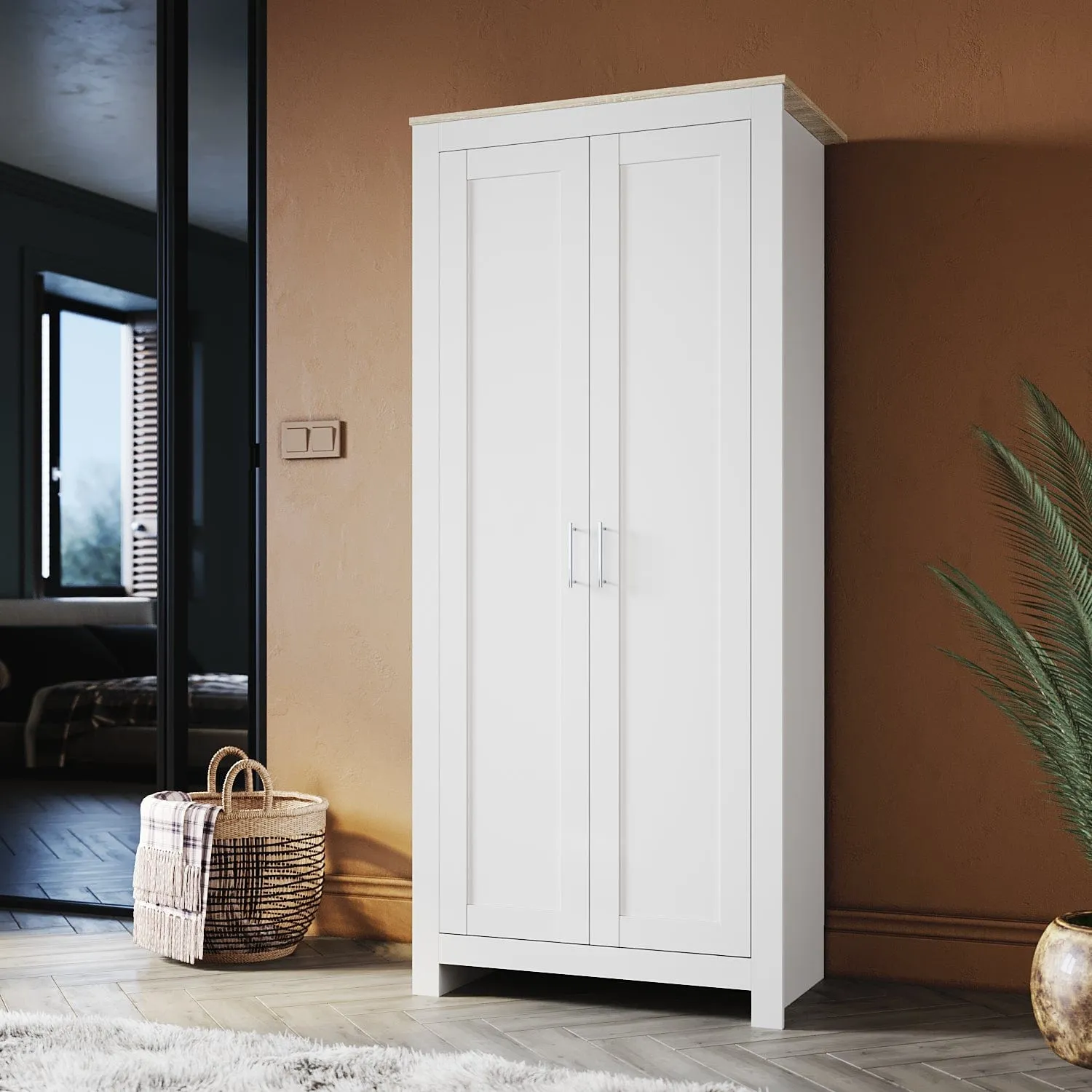 White Solid Wood Wardrobe with 2 Doors 180cm Clothes Closet for Hanging Clothes